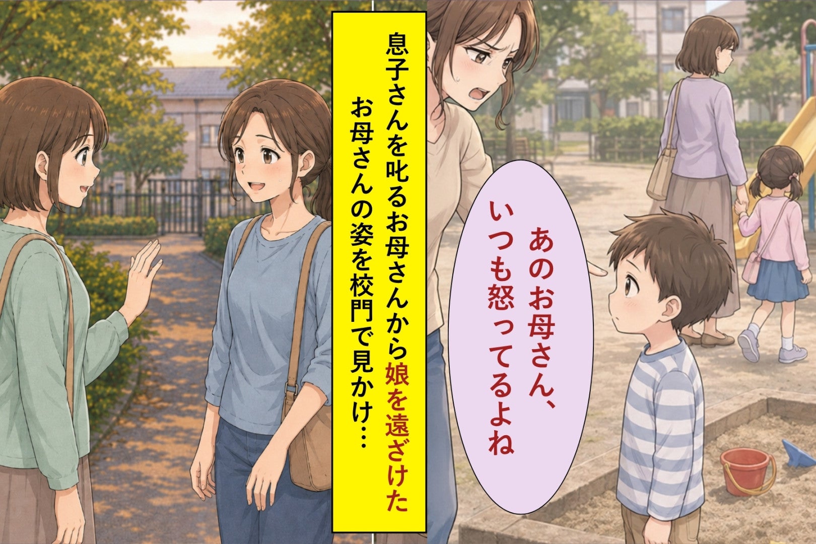 公園でいつも子どもを叱るお母さんから娘を遠ざけていた私→ある夕方、校門前で立ち止まった話