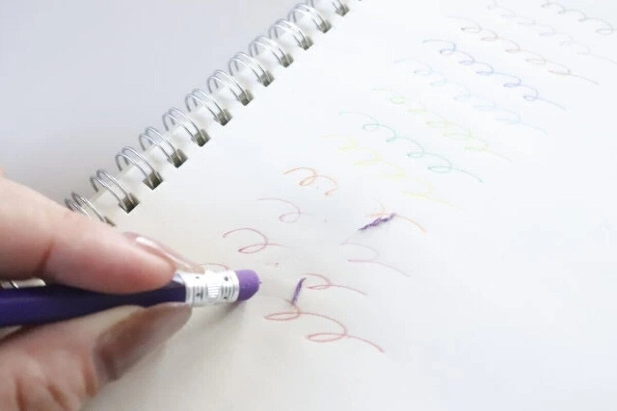 消せる色鉛筆の消しゴムでノートの線を消している手元 消せる色鉛筆の消しゴムでノートの線を消している手元