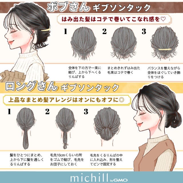 黒髪　ヘアアレンジ　ロング＆ボブ　垢抜け　違い比較　kyoko.　イラスト　ギブソンタック