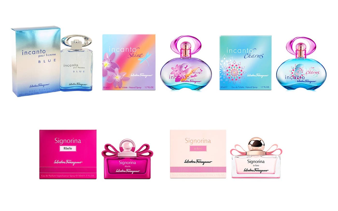 (左上から)【フェラガモ】インカント ブループールオム オードトワレ、【フェラガモ】インカントシャイン オードトワレ、【フェラガモ】インカントチャ-ム オードトワレ(左下から)【フェラガモ】シニョリーナ イン フィオーレ オードトワレ、【フェラガモ】シニョリーナ リベレ オードパルファム