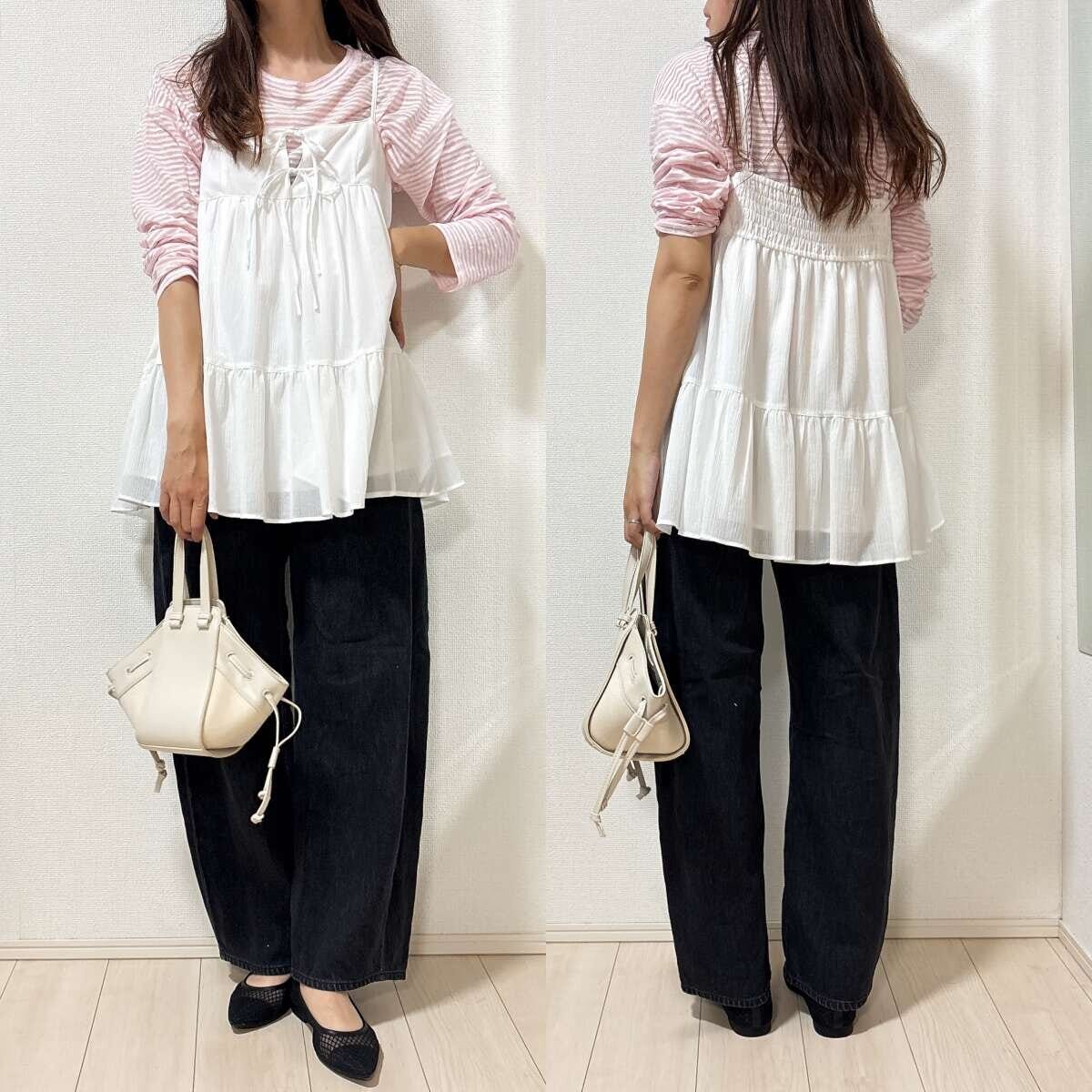 GU　キャミソールチュニック　コーデ　ピンクシアーT　バレルレッグ