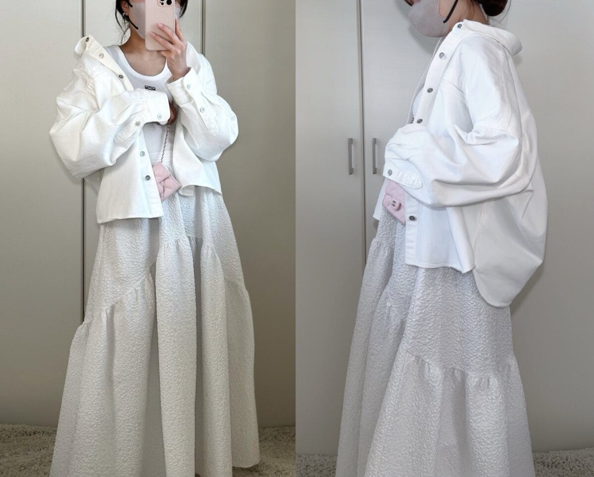 ユニクロデニムリラックスシャツジャケットとジャガードスカートコーデ