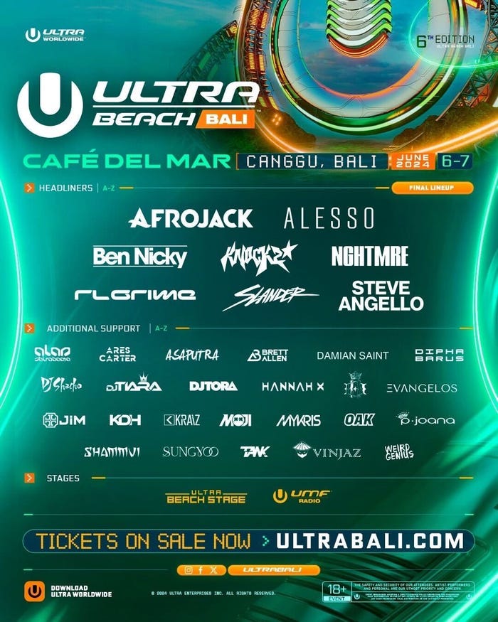 「ULTRA Beach Bali 2024」出演者一覧(提供画像)