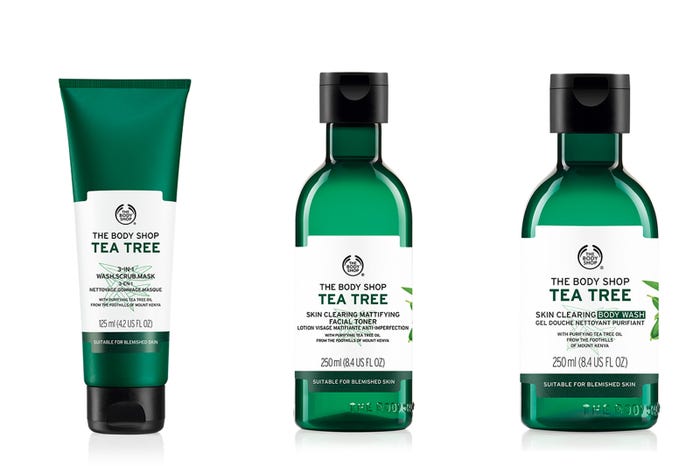 (左から)「3-IN-1 ウォッシュ.スクラブ.マスク. TT」「スキンクリアリング マッティファイングトナー TT」「スキンクリアリング ボディウォッシュ TT」(提供写真)