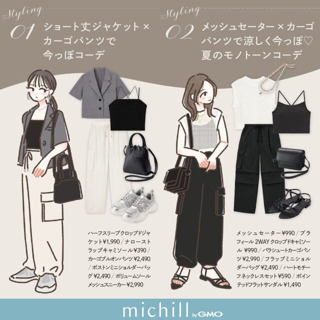 GU　全身コーデ　着こなしパターン　6種　マンネリ解消　たむ　イラスト　今っぽコーデ　夏のモノトーンコーデ