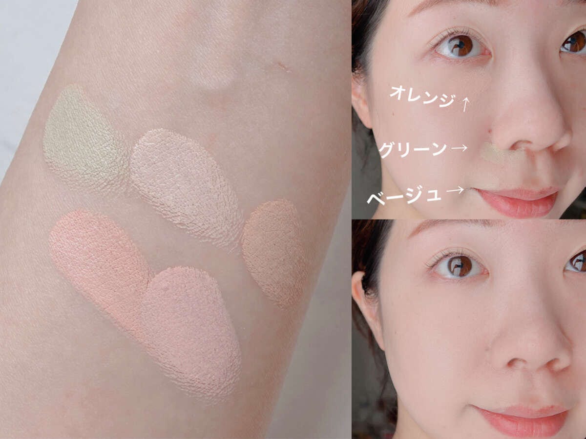 オレンジ・グリーン・ベージュのコンシーラーを塗る顔の位置