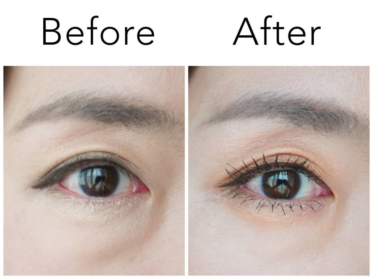 女性の目元のBefore/After比較。右のAfterは明るくぱっちり。