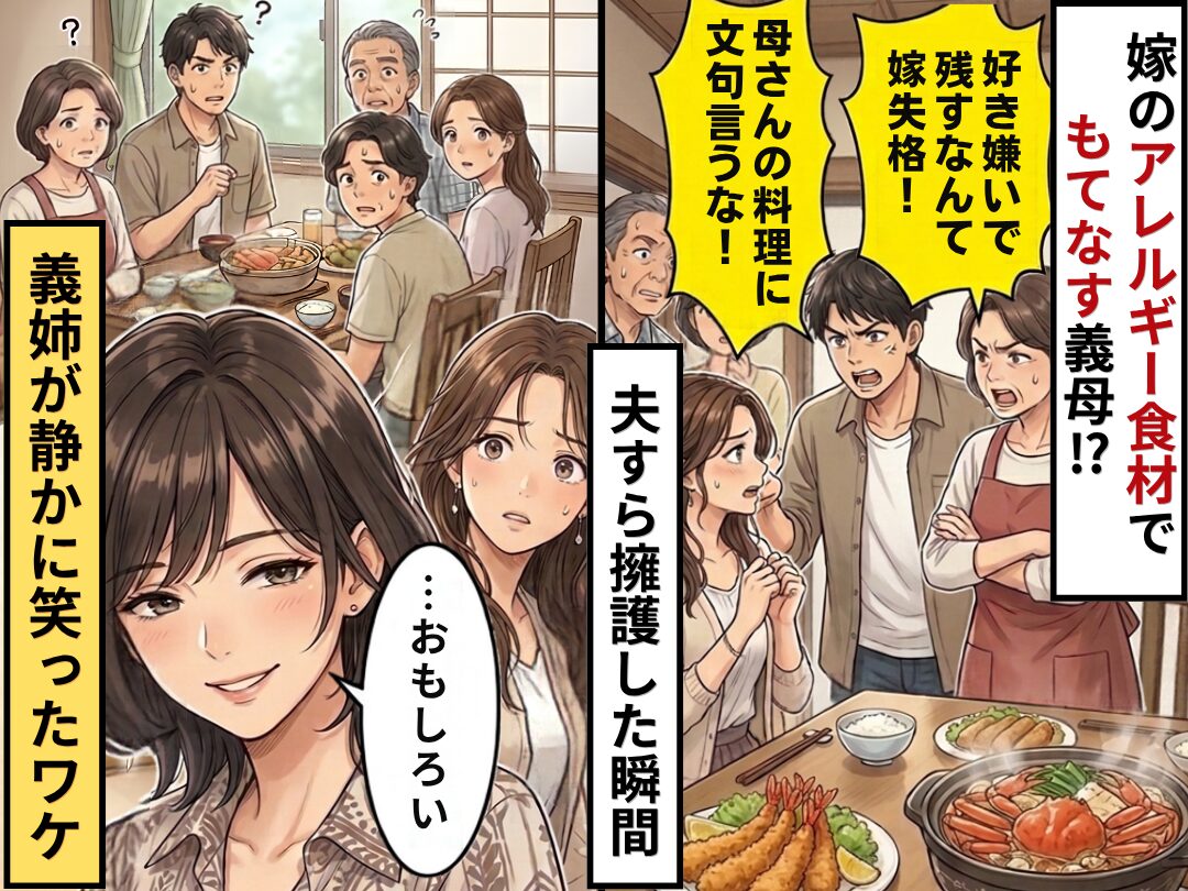 嫁のアレルギー食材で“もてなす”義母と、それを擁護する夫！？しかし直後⇒「…おもしろい」義姉が静かに笑ったワケ