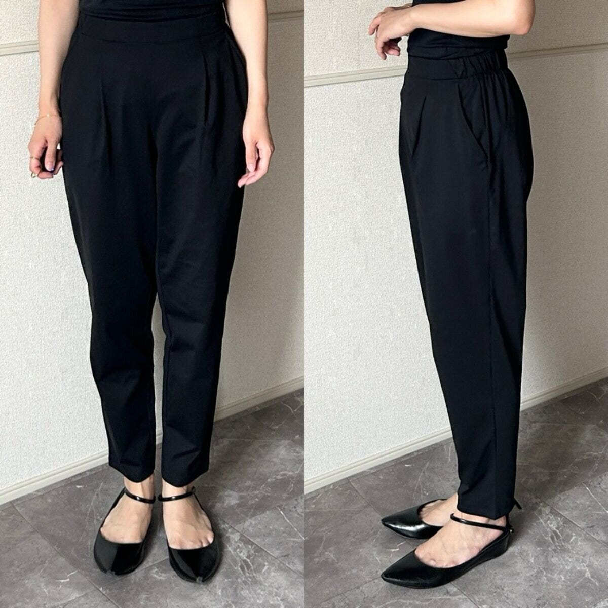 GU　ドライストレッチアンクルパンツ　Sサイズ着用の正面と横のシルエット