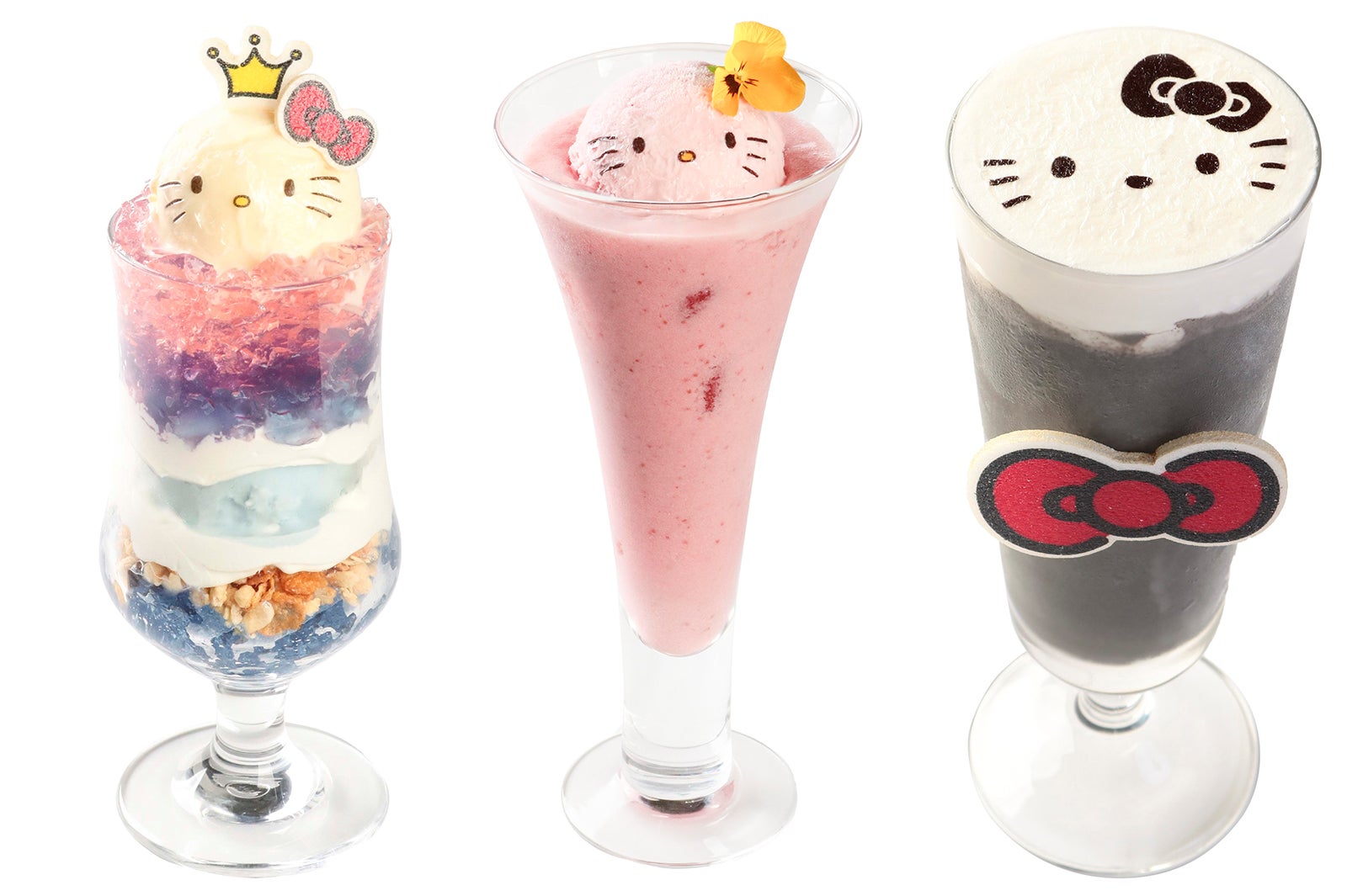 ハローキティのおめかしドレスパフェ　1,480円、ハローキティのフラワーいちごミルク　980円、ハローキティのBLACK&amp;WHITEスムージー 980円／画像提供：そごう・西武