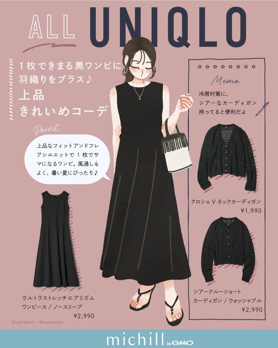 黒ワンピースにカーディガンを羽織った女性のイラスト、商品情報も記載 黒ワンピースにカーディガンを羽織った女性のイラスト、商品情報も記載