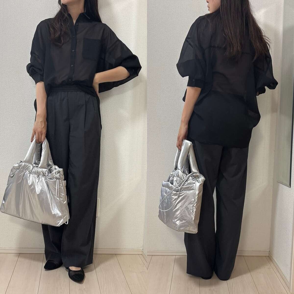 GU シアードルマンスリーブシャツ GU シアードルマンスリーブシャツ グレーワイドパンツきれいめコーデ