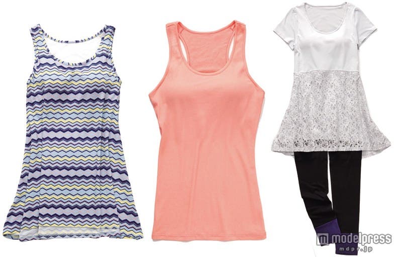 (左から)カップ付きタンクチュニック、カップ付きYバックタンク、東原亜希おすすめコーデ