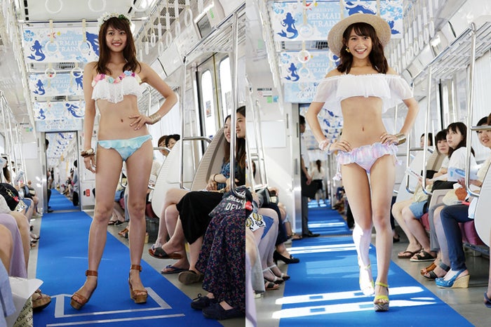 松元絵里花 武田あやなら 電車内で水着ショー 美ボディに視線集中 モデルプレス
