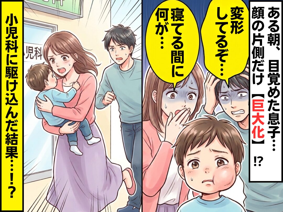 ある朝目覚めた息子…顔の片側だけ【巨大化】！？夫「変形してるぞ…」妻「寝てる間に何が…」⇒小児科に駆け込んだ結果！？
