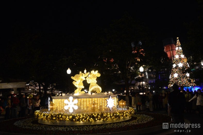 初登場したミッキーとミニーのモニュメント（夜）