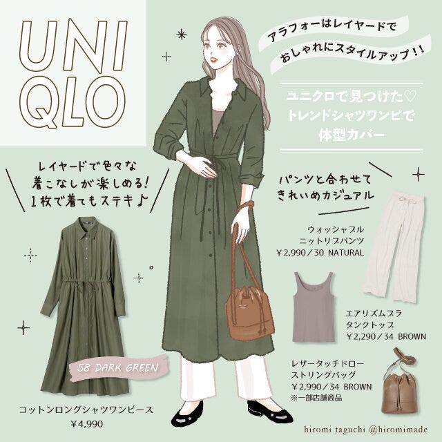 コットンロングシャツワンピース　体型カバー　イラスト　コーデ