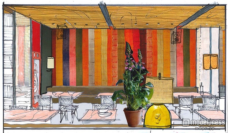 温かみのあるピンクを基調としたテーブル席