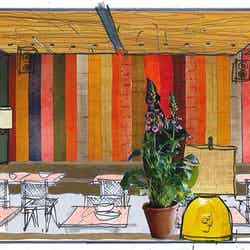 温かみのあるピンクを基調としたテーブル席