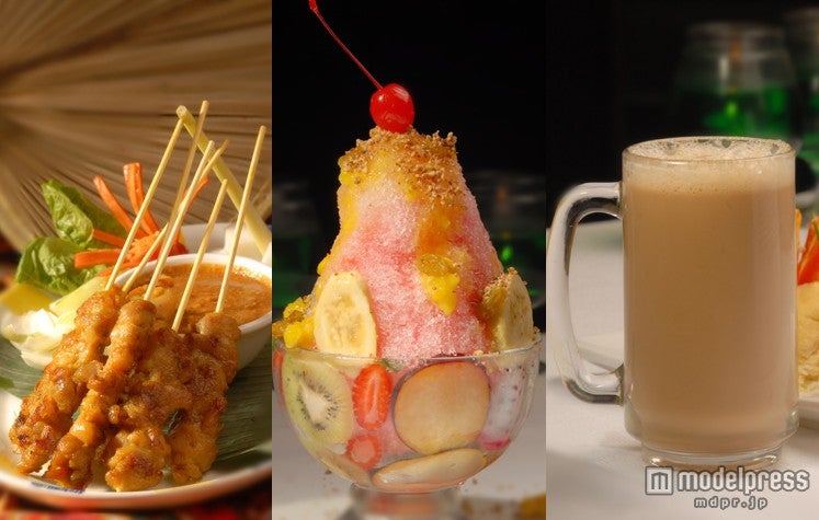 マレーシア料理も充実（左から）サテー、アイスカチャン、テ・タレ