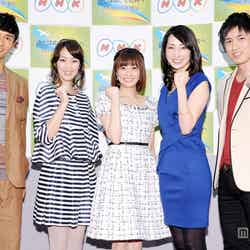 「NHK語学番組」発表会見に出席した（左から）KENCHI、坂下千里子、小林麻耶、真飛聖、高橋光臣 