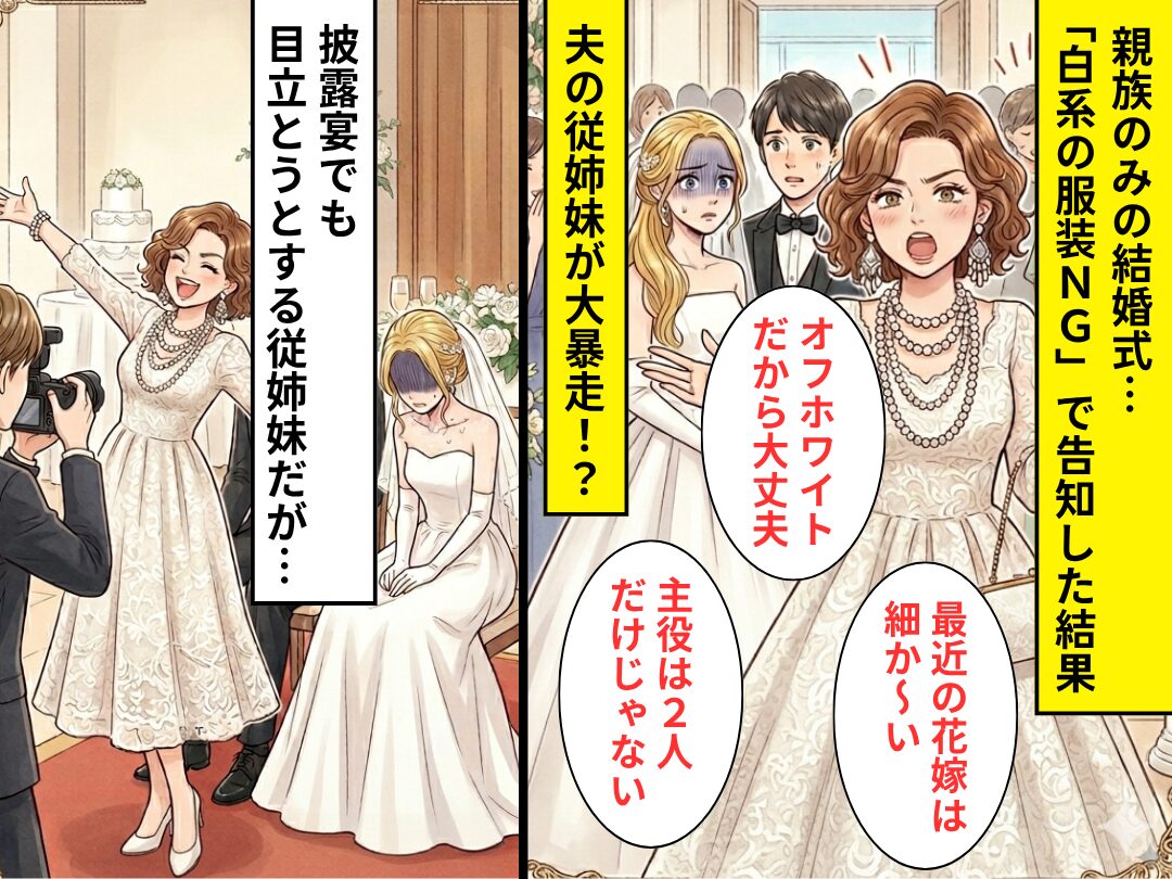 結婚式で「オフホワイトだから大丈夫」夫の従姉妹が大暴走！？その後も続く非常識な態度に…嫁の我慢の限界がきた【結果】