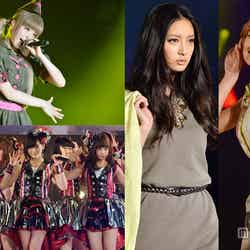 「日本女子博覧会－JAPAN GIRLS EXPO 2014－」に出演したきゃりーぱみゅぱみゅ（左上）、NMB48（左下）、菜々緒（中央）、ローラ（右）