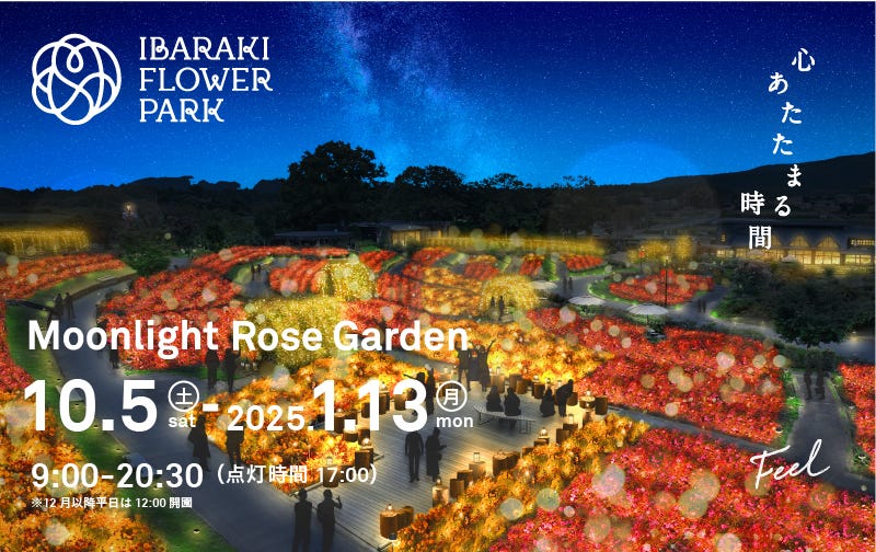 茨城で花園ライトアップ「Moonlight Rose Garden2024」2部制で異なる演出、フードやアクティビティも