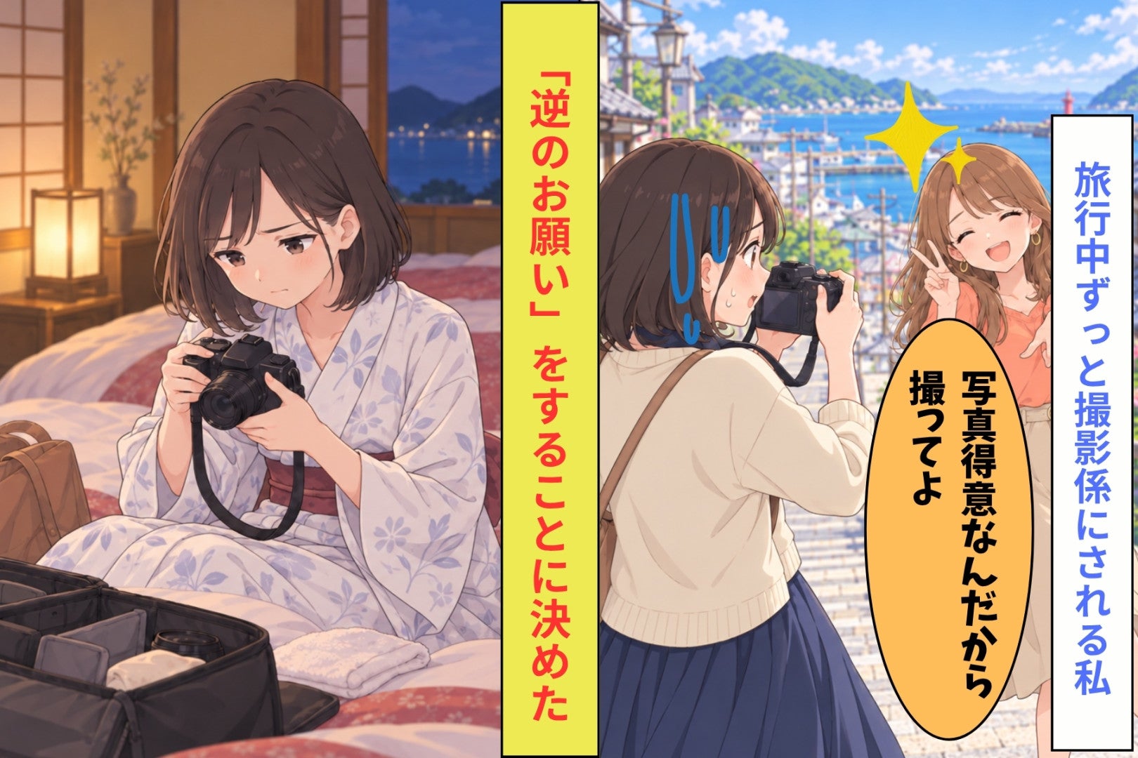 「写真得意なんだから撮ってよ」旅行中ずっと撮影係にされる私…ある場所でいつもと逆のお願いをしてみると