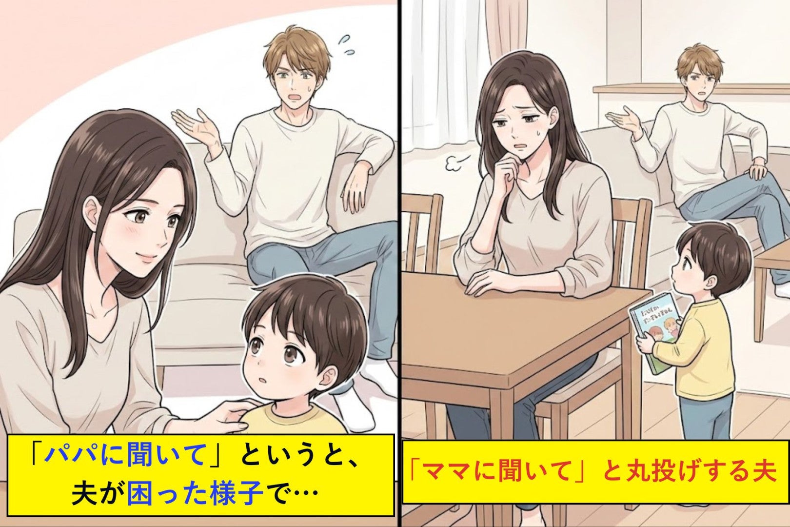 「ママに聞いて」と丸投げする夫。息子に「パパに聞いて」というと、夫が困った様子で