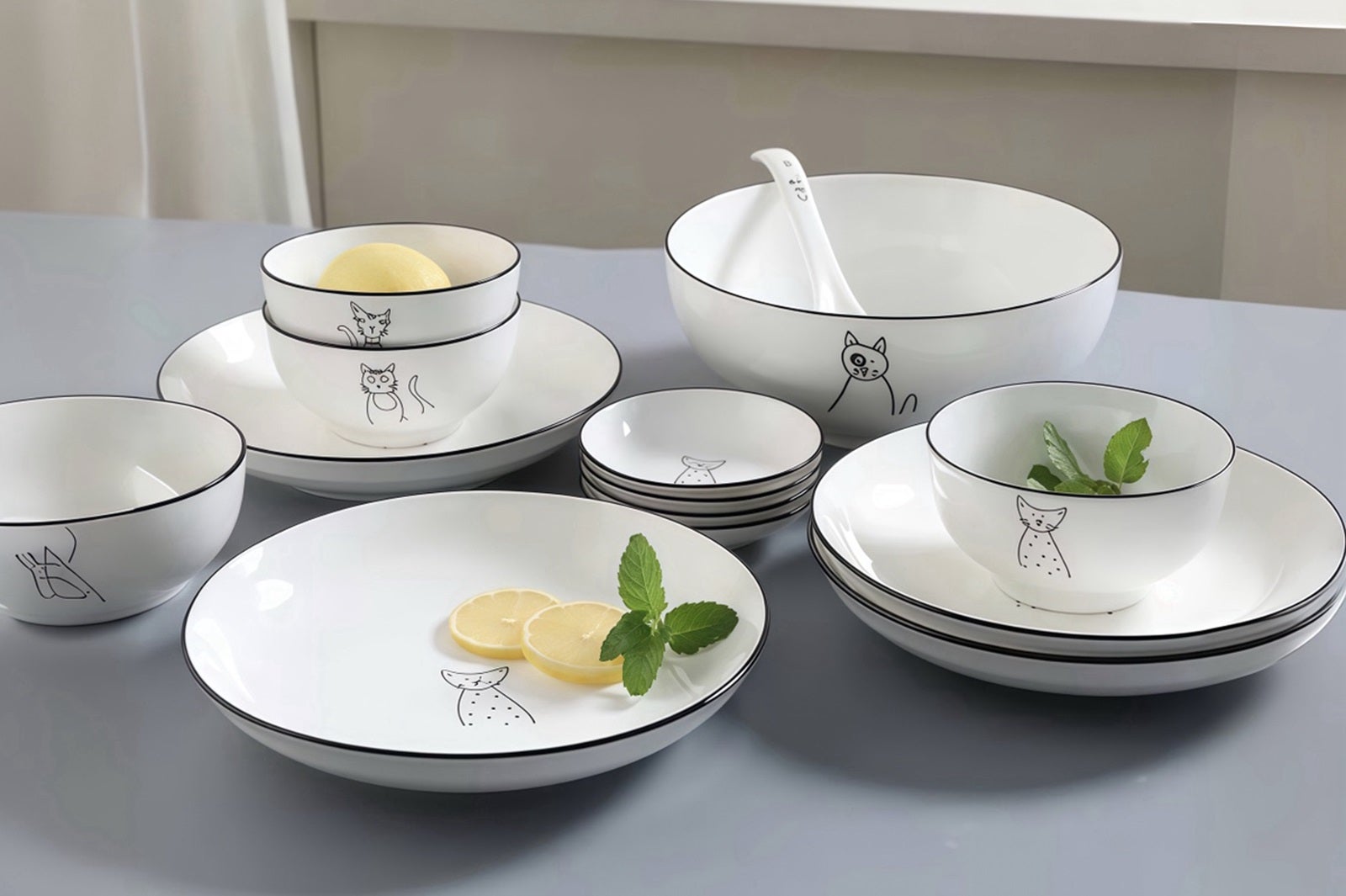 可愛い猫デザインの陶器製食器セット【飯碗・スープ碗・プレート・北欧スタイル】（提供素材）