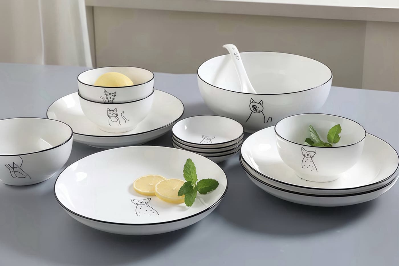 可愛い猫デザインの陶器製食器セット【飯碗・スープ碗・プレート・北欧スタイル】(提供素材)