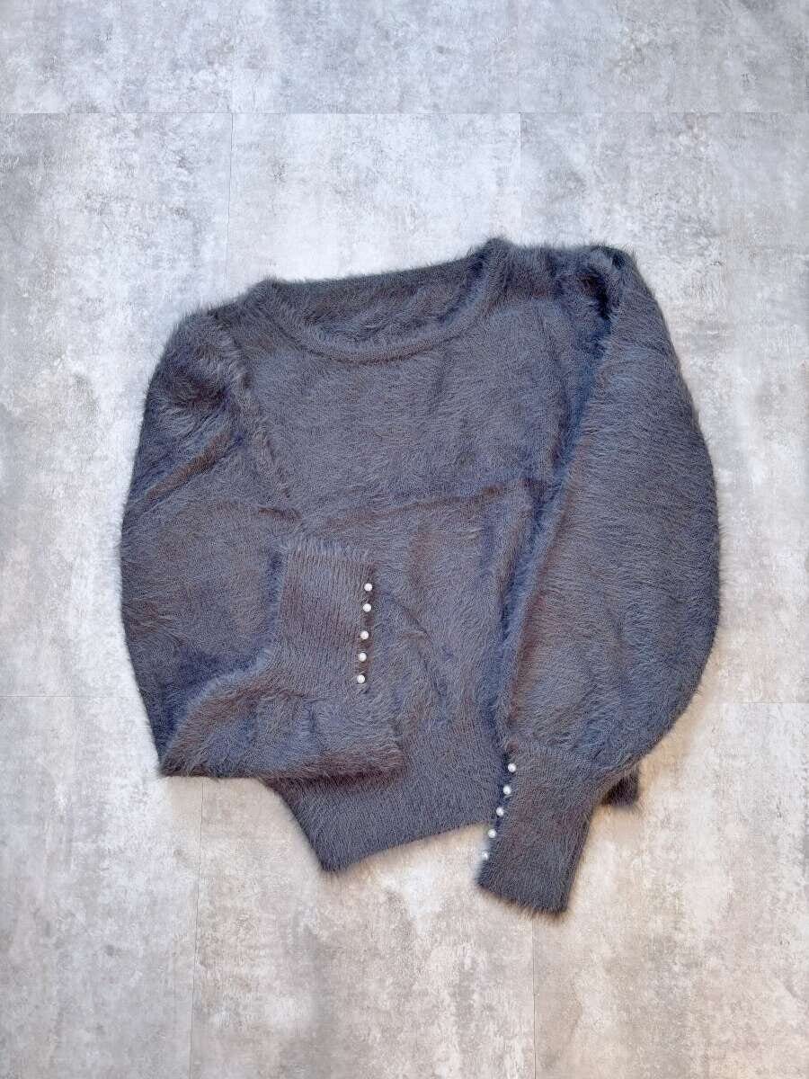 coca袖パールシャギーニットトップス　チャコール