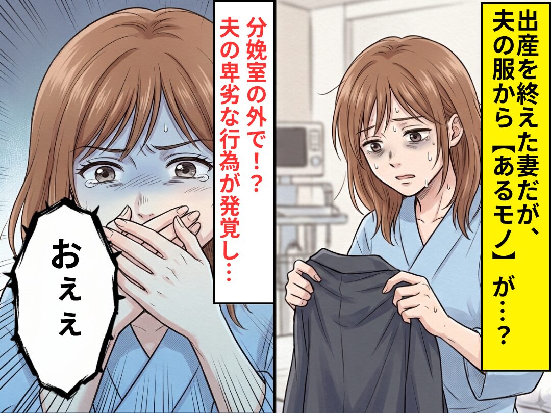 出産を終えた後、夫の服から【あるモノ】が…？⇒分娩室の外で！？夫の卑劣な行為が発覚し…妻「おぇぇ」