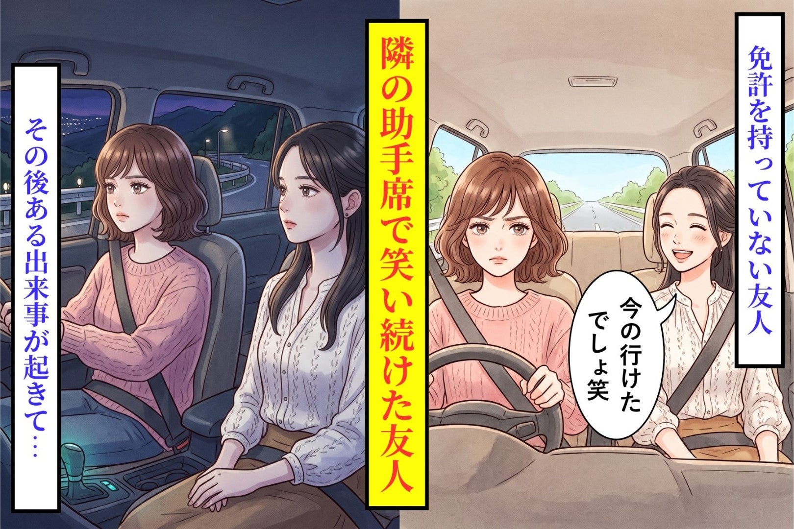 「今の、行けたでしょ」と笑い続けた友人→山道で対向車が現れた途端、助手席が黙り込んだ
