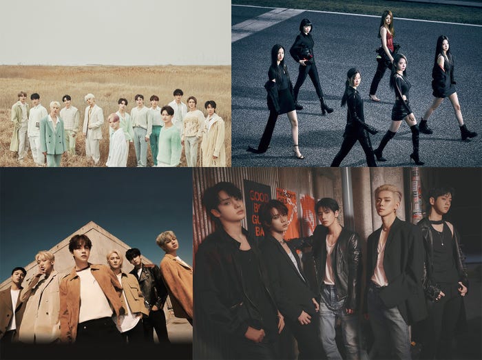 (上段)SEVENTEEN(C)PLEDIS Entertainment、LE SSERAFIM(P)&(C)SOURCE MUSIC(下段)iKON(C)avex、TOMORROW X TOGETHER(C)BIGHIT MUSIC