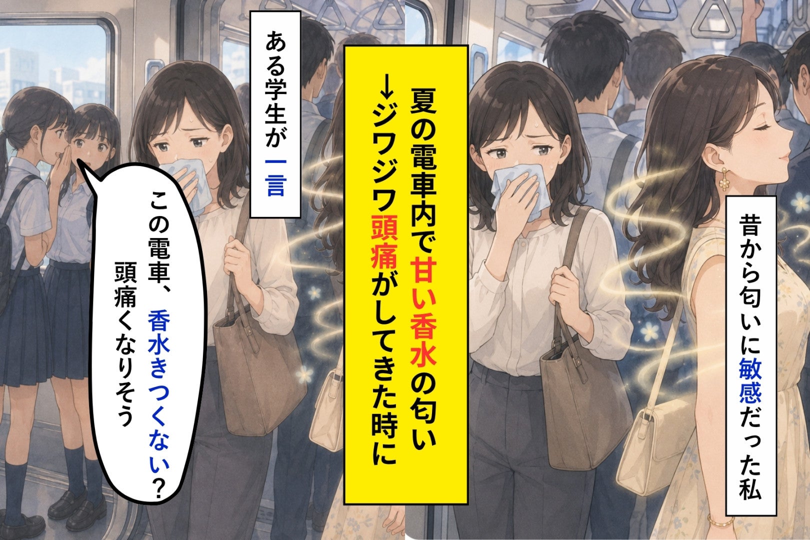 「この電車、香水きつくない？頭痛くなりそう」真夏の車内で、私が隣の車両へ移った理由