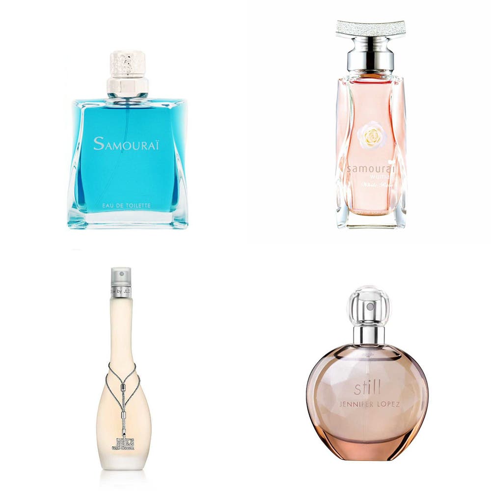 (左上から)【サムライ】サムライ オードトワレ、【サムライウーマン】ホワイトローズ オードパルファム (左下から)【ジェニファーロペス】グロウ バイ ジェイロー オードトワレ、【ジェニファーロペス】スティル オードパルファム
