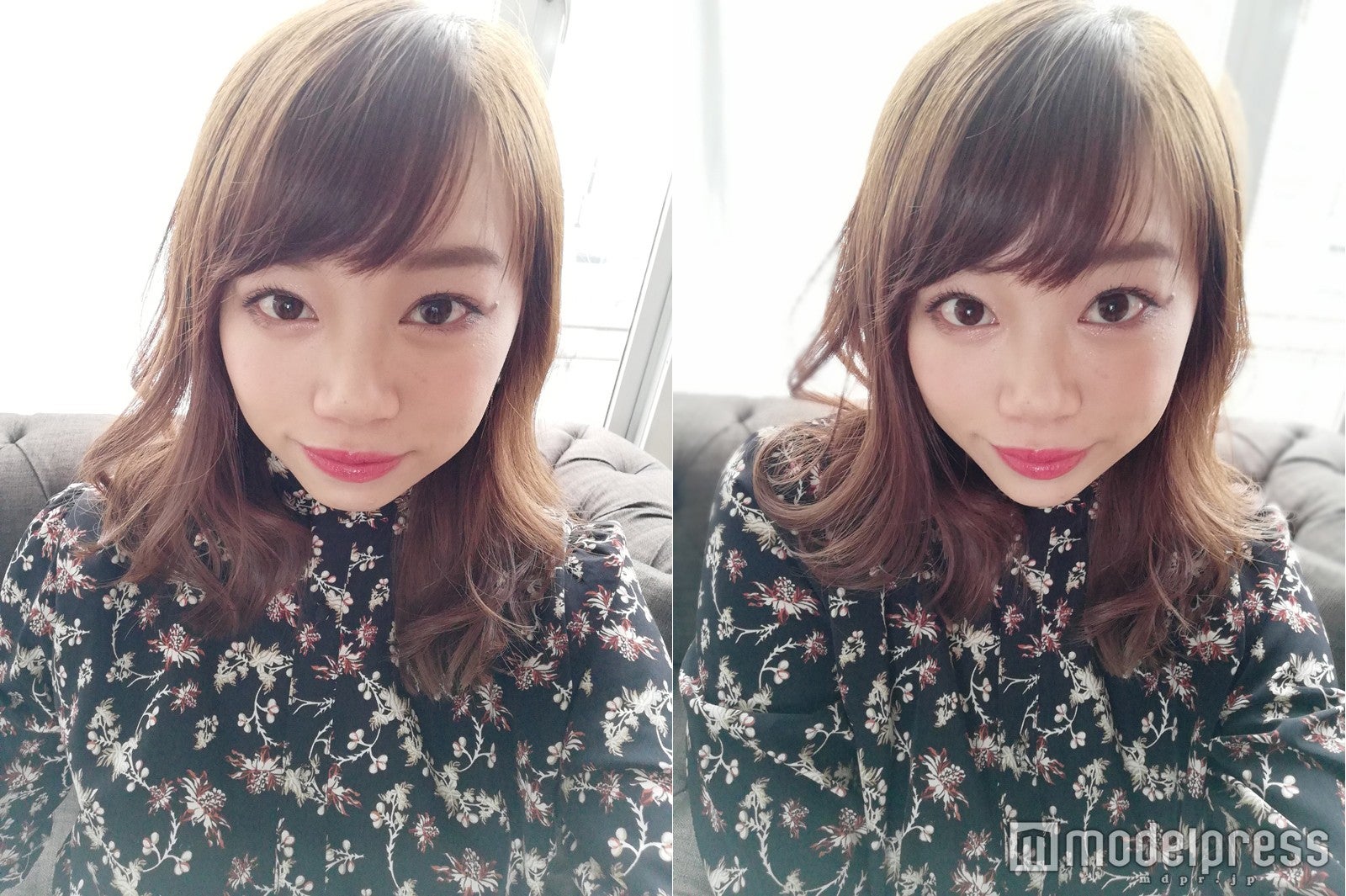 目は大きく、シャープな輪郭へ補正（左：通常モード　右：パーフェクトセルフィーで撮影）