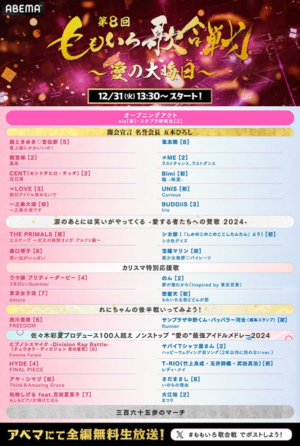 「第8回 ももいろ歌合戦 ～愛の大晦日～」スケジュール（C）AbemaTV, Inc.