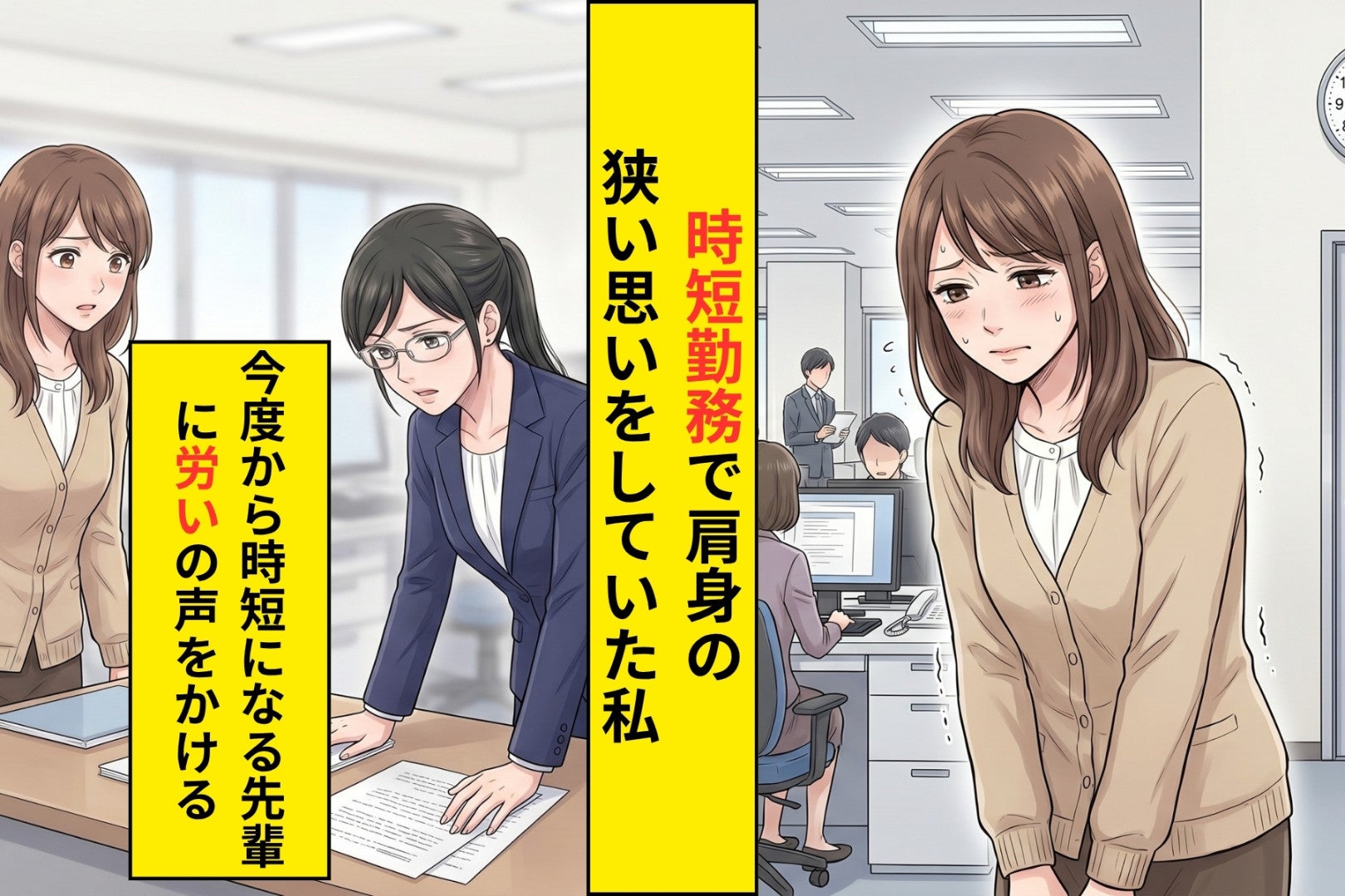 「時短勤務は周りに迷惑」と陰口を聞いた私→その先輩が時短になった日、かけた一言に自分でも驚いた