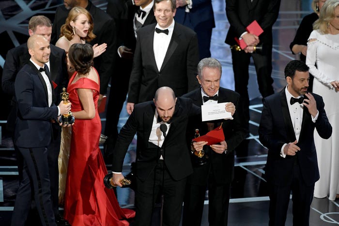 昨年の様子/作品賞が訂正された瞬間/「ラ・ラ・ランド」エマ・ストーン(左上)困惑/photo:Getty Image