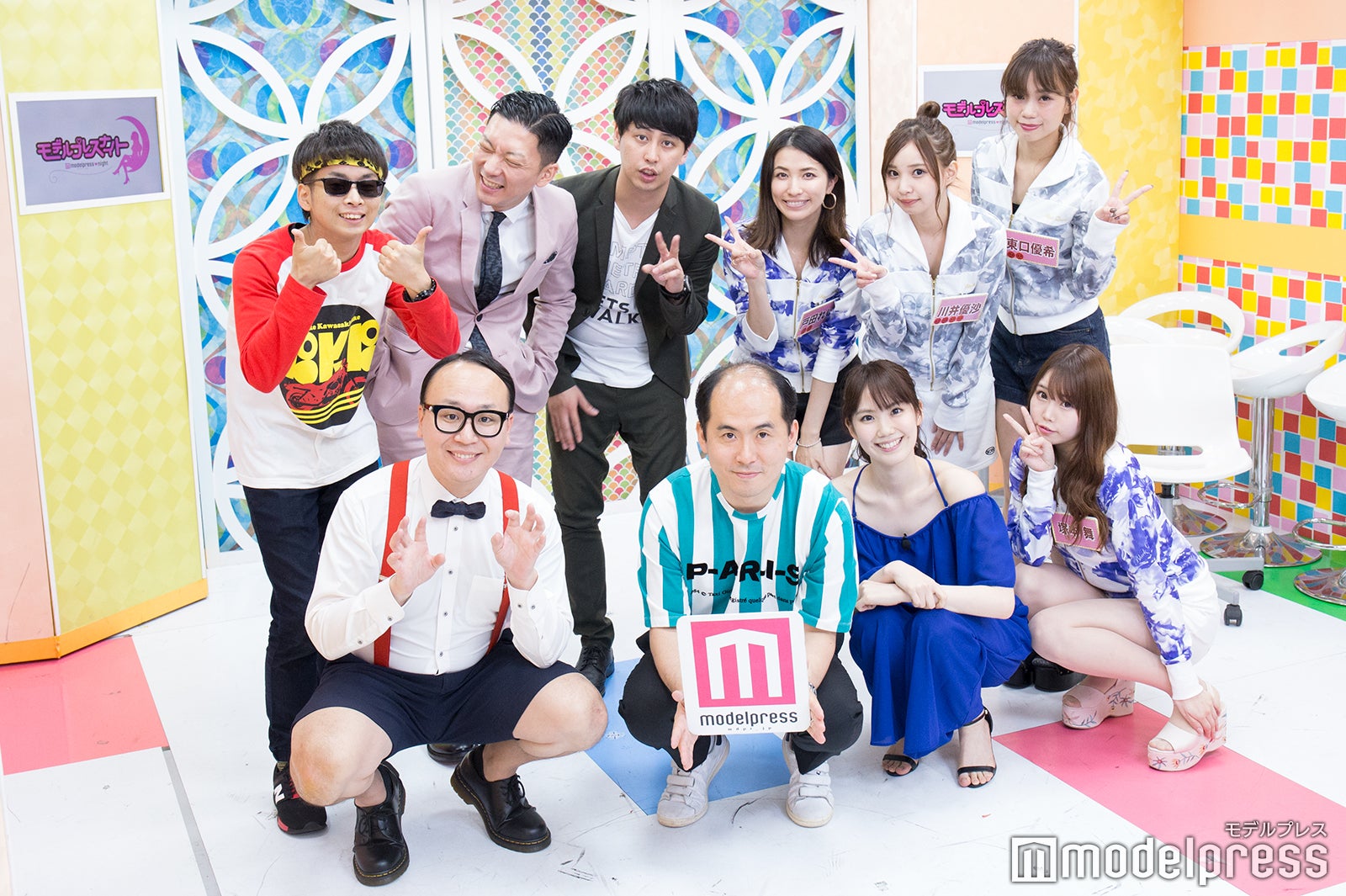 前列左から：たかし、斎藤司、妹田佳奈子、塚本舞、後列左から：バイク川崎バイク、嶋佐和也、屋敷裕政、戸田れい、川井優沙、東口優希（C）モデルプレス