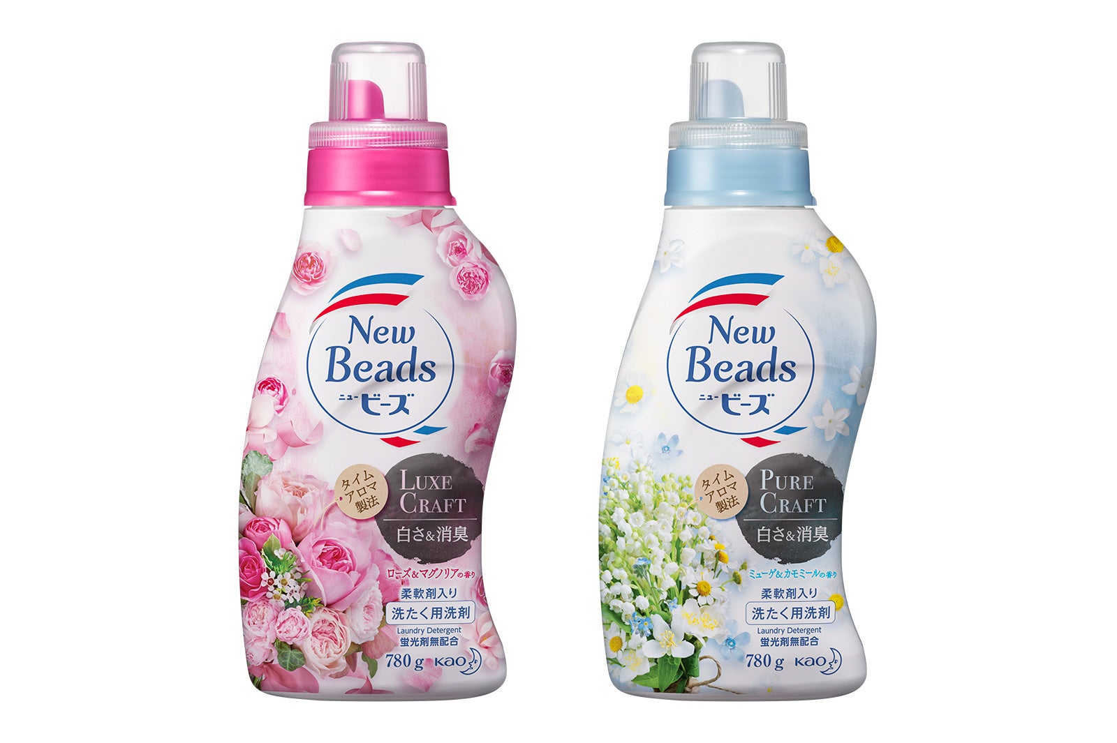 （左から）「ニュービーズ リュクスクラフト ローズ&マグノリアの香り」「ニュービーズ ピュアクラフト ミューゲ&カモミールの香り」