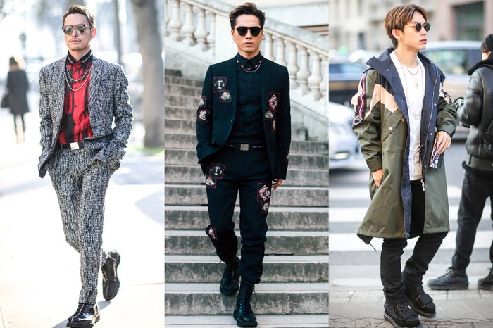 三代目JSB（左から）今市隆二、登坂広臣、NAOTO／「ディオールオム（Dior Homme）」2017-18秋冬コレクション（写真：Getty Images）