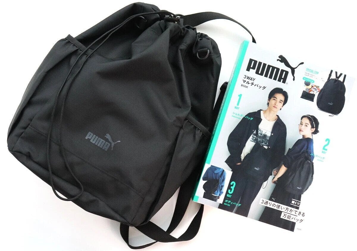 PUMAの黒い3WAYマルチバッグと雑誌の表紙の集合写真