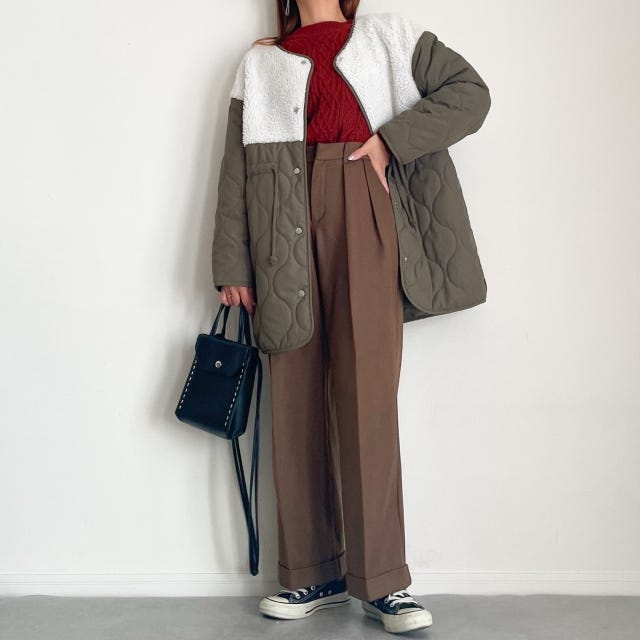 GU　インタックワイドパンツ　コーデ　キルティングコート