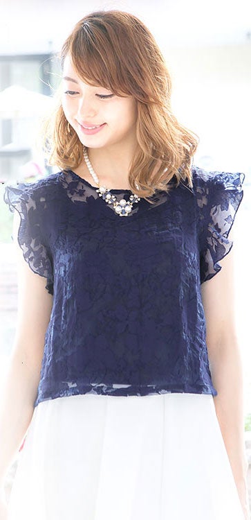 袖フリルフラワーオーガンジーブラウストップス×インナータンクトップSET「神戸レタス」2990円（税込）