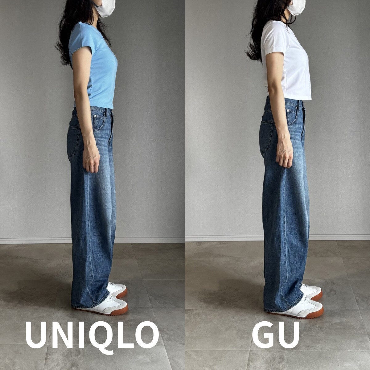 女性がユニクロとGUのミニTを着てワイドデニムを合わせた全身比較の横姿 女性がユニクロとGUのミニTを着てワイドデニムを合わせた全身比較の横姿