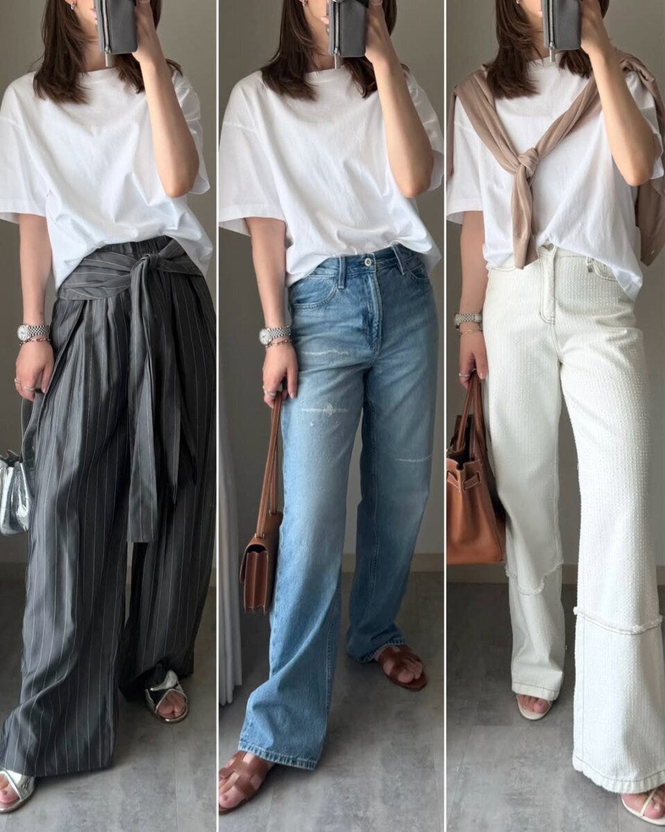 白いTシャツに3種類のパンツを合わせた着回しコーデ 白いTシャツに3種類のパンツを合わせた着回しコーデ